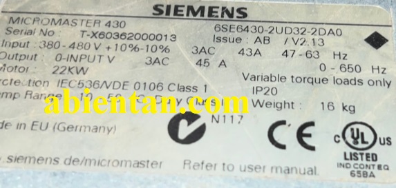 Thông tin biến tần cũ siemens mm430 6SE6430-2UD32-2DA0