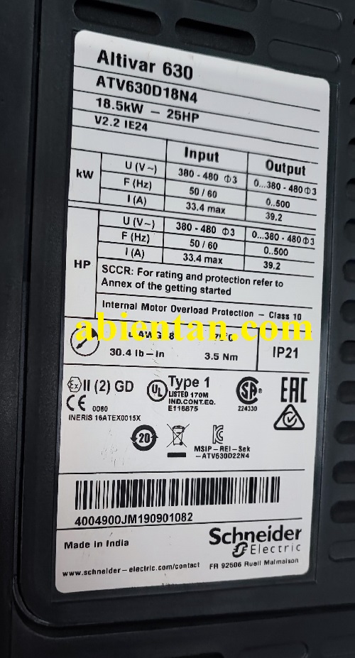 Thông số biến tần schneider cũ giá rẻ ATV630D18N4 18.5kW 380v